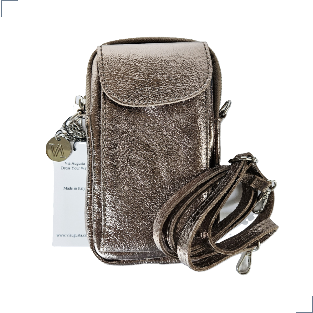 FONNY Cuero Genuino Italiano - Portacellulare Oro Antico Metallizzato in Pelle/Pochette