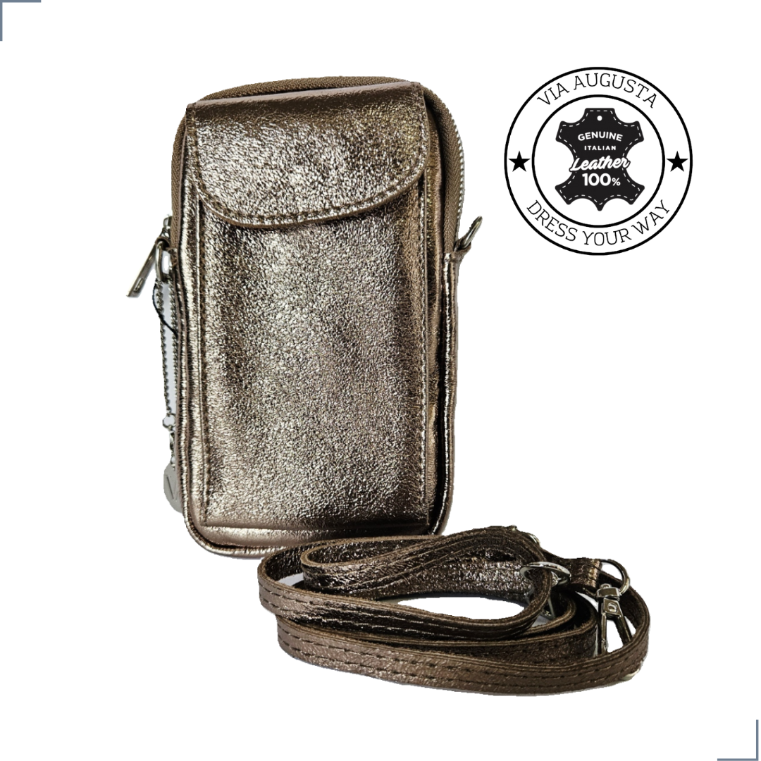 FONNY Cuero Genuino Italiano - Portacellulare Oro Antico Metallizzato in Pelle/Pochette