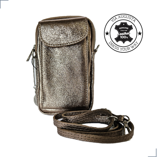 FONNY Cuero Genuino Italiano - Portacellulare Oro Antico Metallizzato in Pelle/Pochette