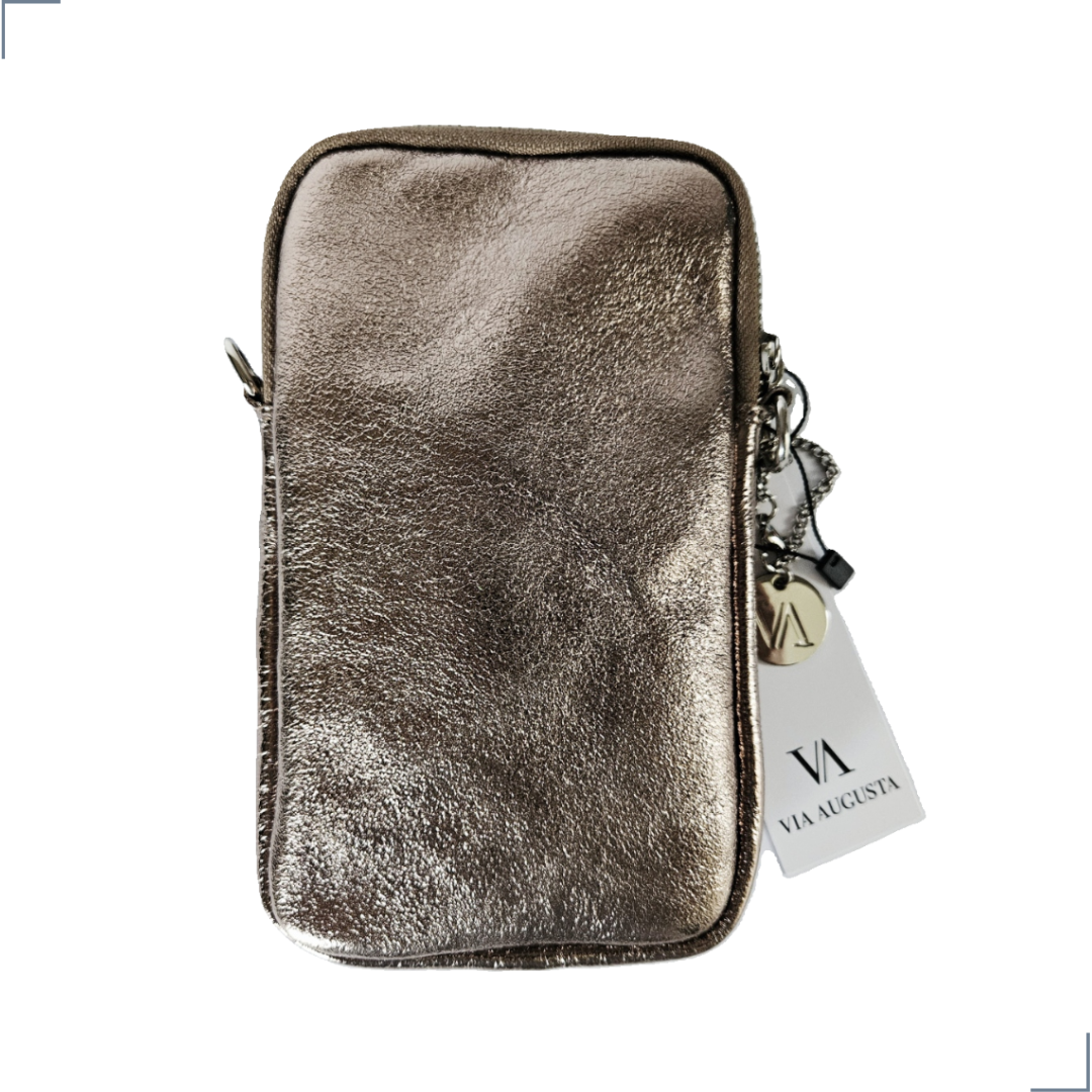 FONNY Cuero Genuino Italiano - Portacellulare Oro Antico Metallizzato in Pelle/Pochette