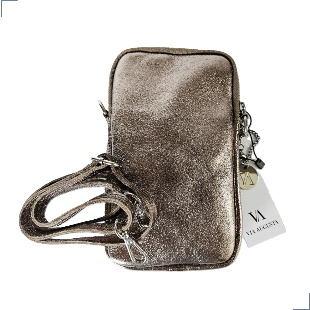 FONNY Cuero Genuino Italiano - Portacellulare Oro Antico Metallizzato in Pelle/Pochette