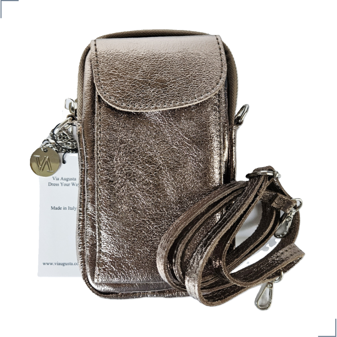 FONNY Cuero Genuino Italiano - Portacellulare Oro Antico Metallizzato in Pelle/Pochette