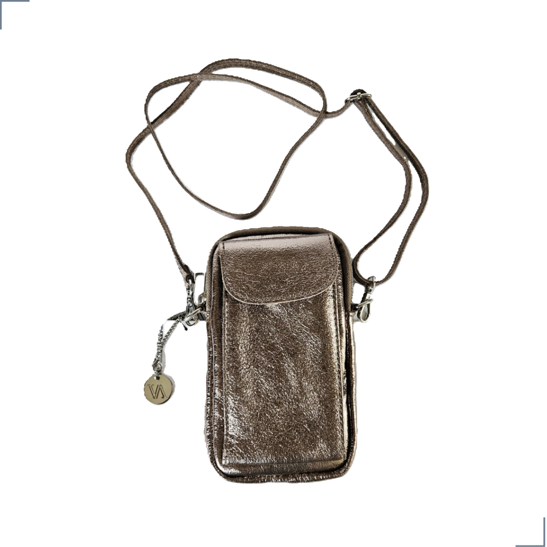 FONNY Cuero Genuino Italiano - Portacellulare Oro Antico Metallizzato in Pelle/Pochette