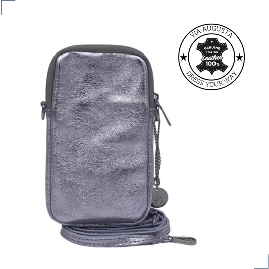FONNY Cuero Genuino Italiano - Portacellulare Argento in Pelle/Pochette