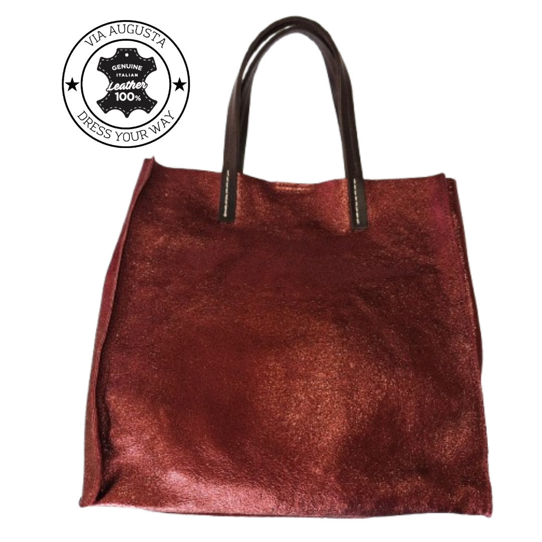 TEMPRA (S) Cuero Genuino Italiano - Bordeaux Metallizzato Borse in Pelle
