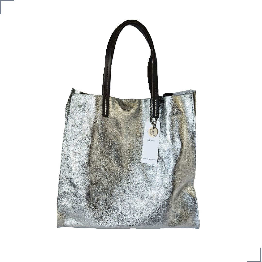 TEMPRA (L) Cuero Genuino Italiano - Argento Antico Metallizzato Borse in Pelle