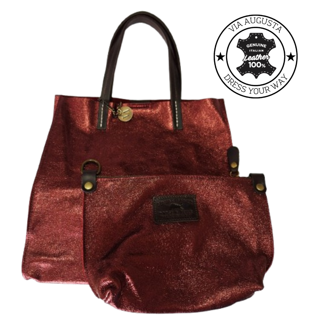 TEMPRA (S) Cuero Genuino Italiano - Bordeaux Metallizzato Borse in Pelle