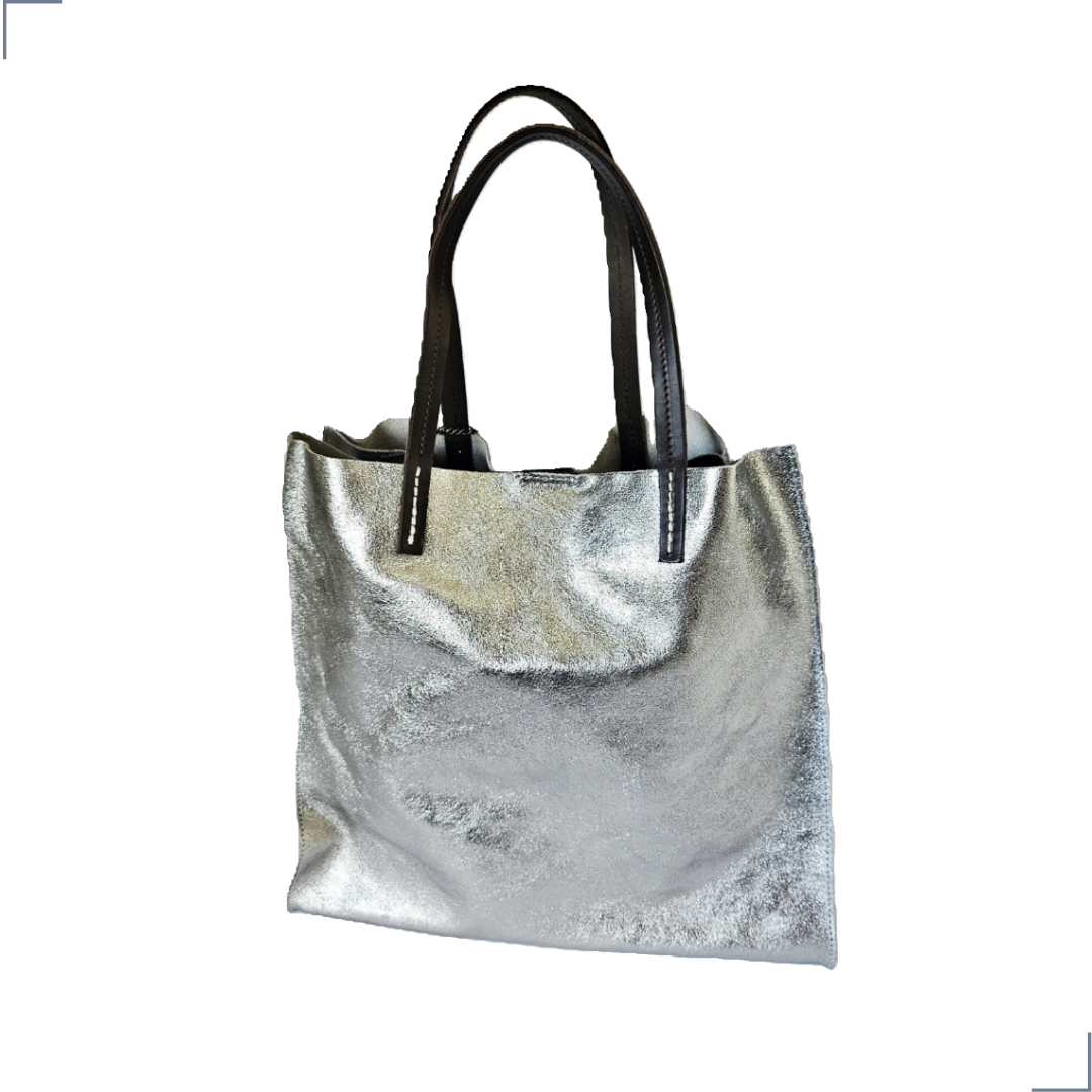TEMPRA (L) Cuero Genuino Italiano - Argento Antico Metallizzato Borse in Pelle
