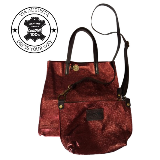 TEMPRA (S) Cuero Genuino Italiano - Bordeaux Metallizzato Borse in Pelle