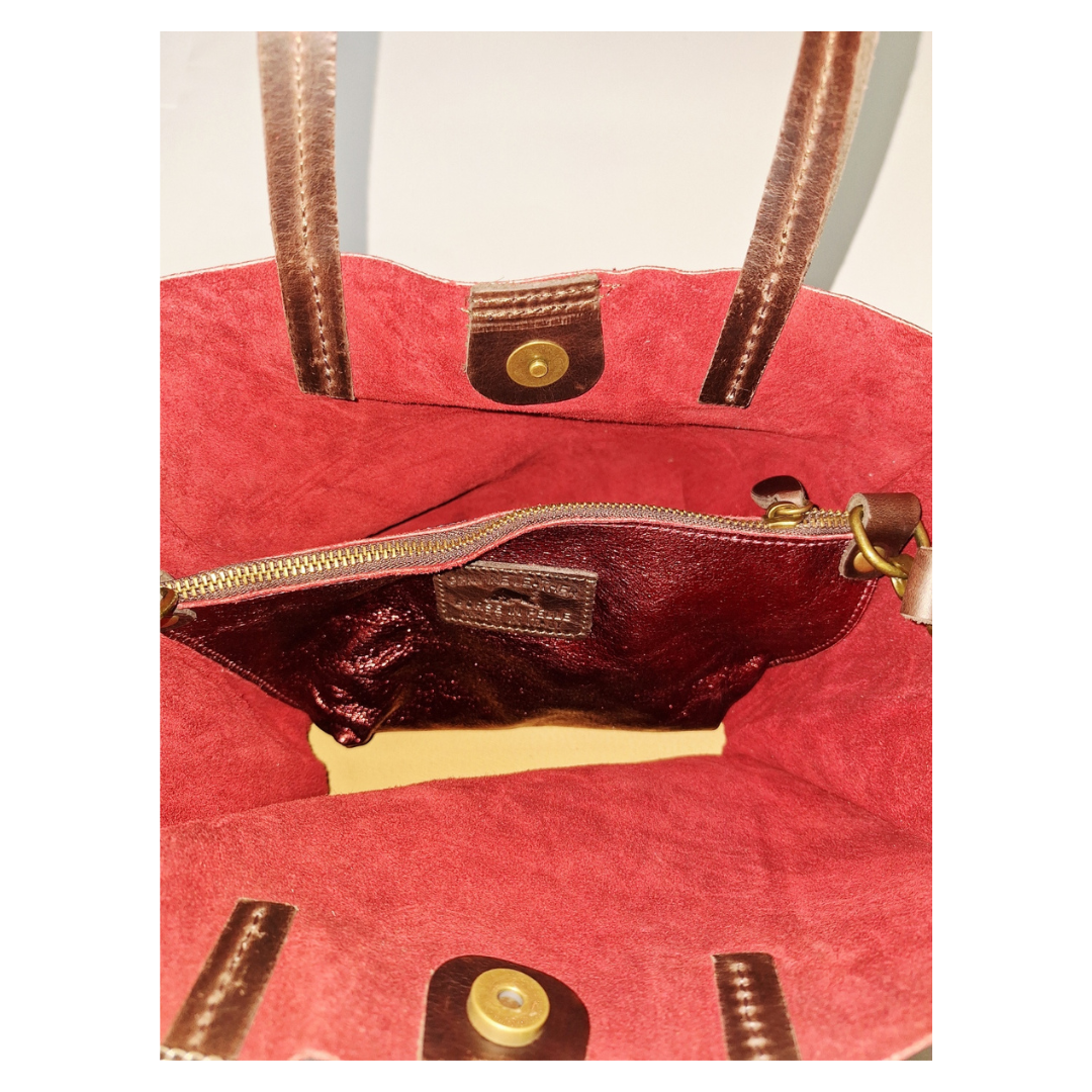 TEMPRA (S) Cuero Genuino Italiano - Bordeaux Metallizzato Borse in Pelle