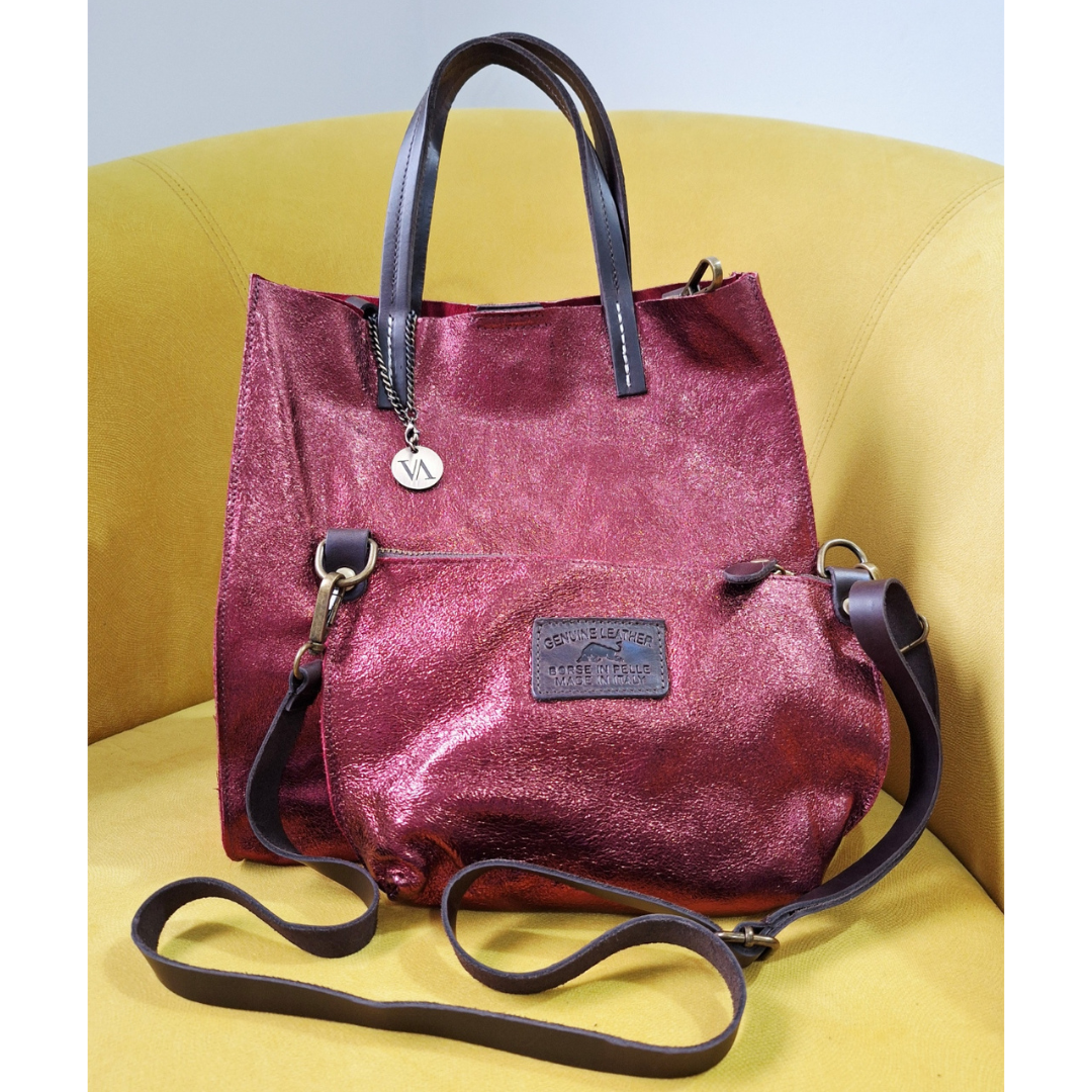 TEMPRA (S) Cuero Genuino Italiano - Bordeaux Metallizzato Borse in Pelle