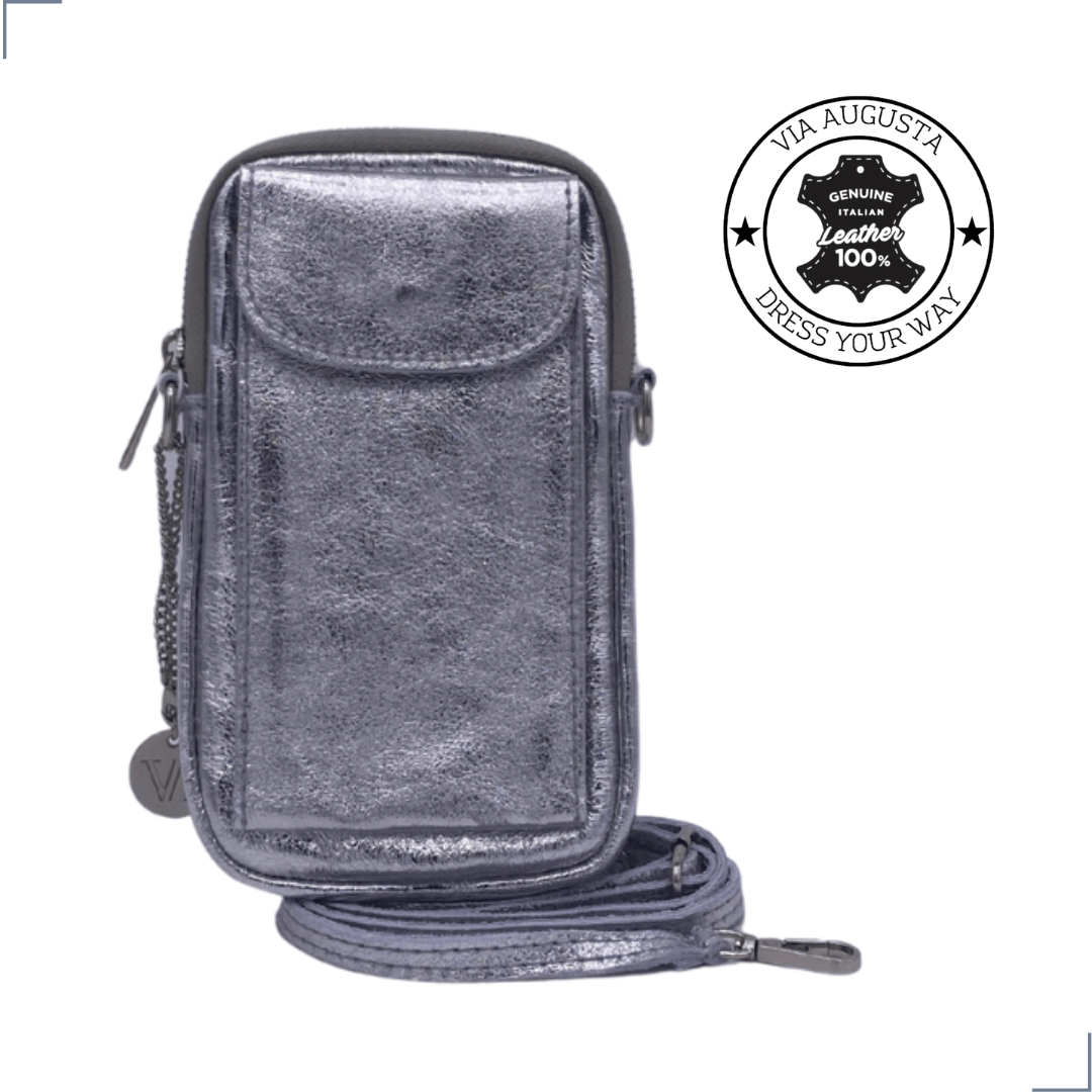 FONNY Cuero Genuino Italiano - Portacellulare Argento in Pelle/Pochette