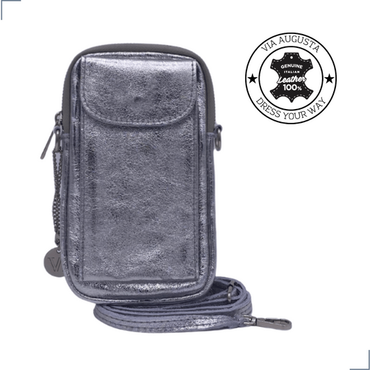 FONNY Cuero Genuino Italiano - Portacellulare Argento in Pelle/Pochette