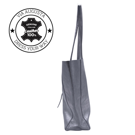 LEGGERA Cuero Genuino Italiano - Argento Metallizzato, Borse in Pelle
