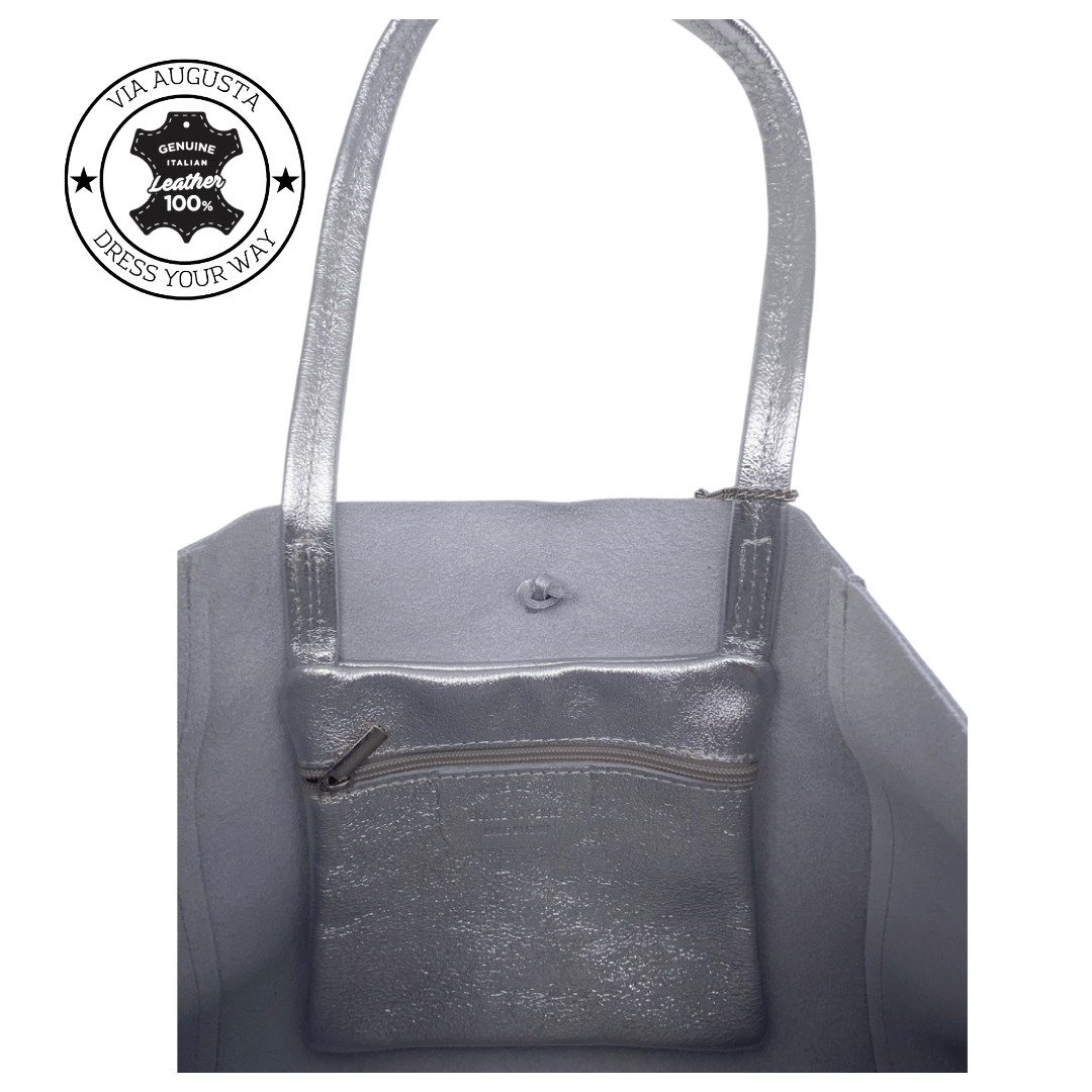 LEGGERA Cuero Genuino Italiano - Argento Metallizzato, Borse in Pelle